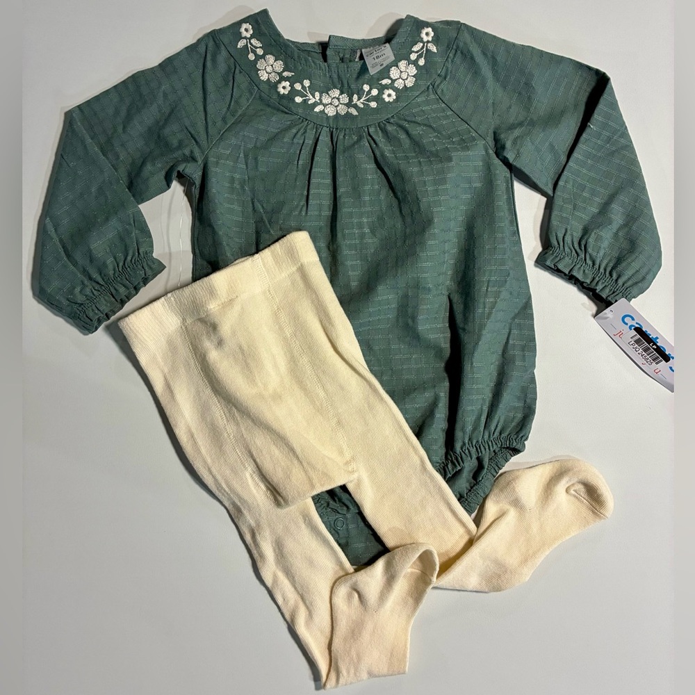 Carter's Green Floral Embroidered Bodysuit with Cream Tights
